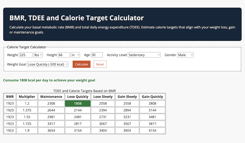 Screenshot of a calorie calculator