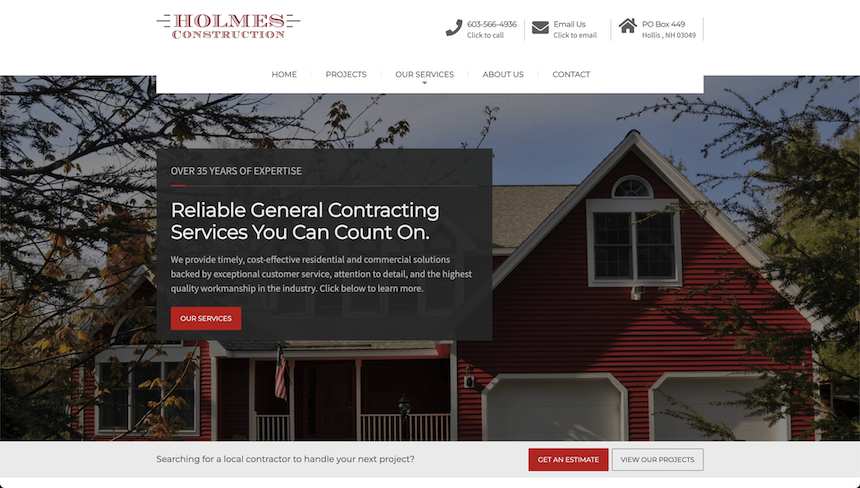 Hero section of the Holmes Construction website